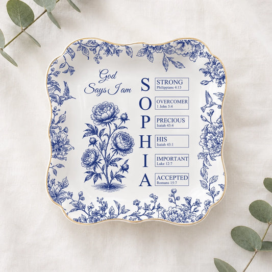 Personalized Christian Jewelry Tray with God Says I Am Bible Verse