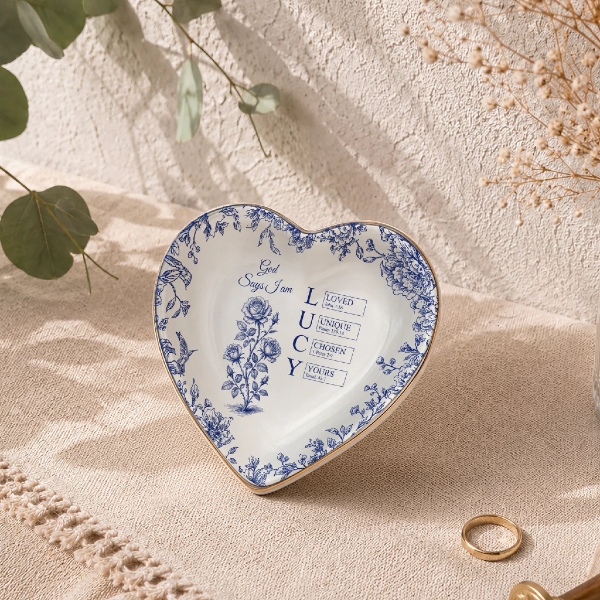 Personalized Christian Heart Jewelry Tray with Name and Bible Verses