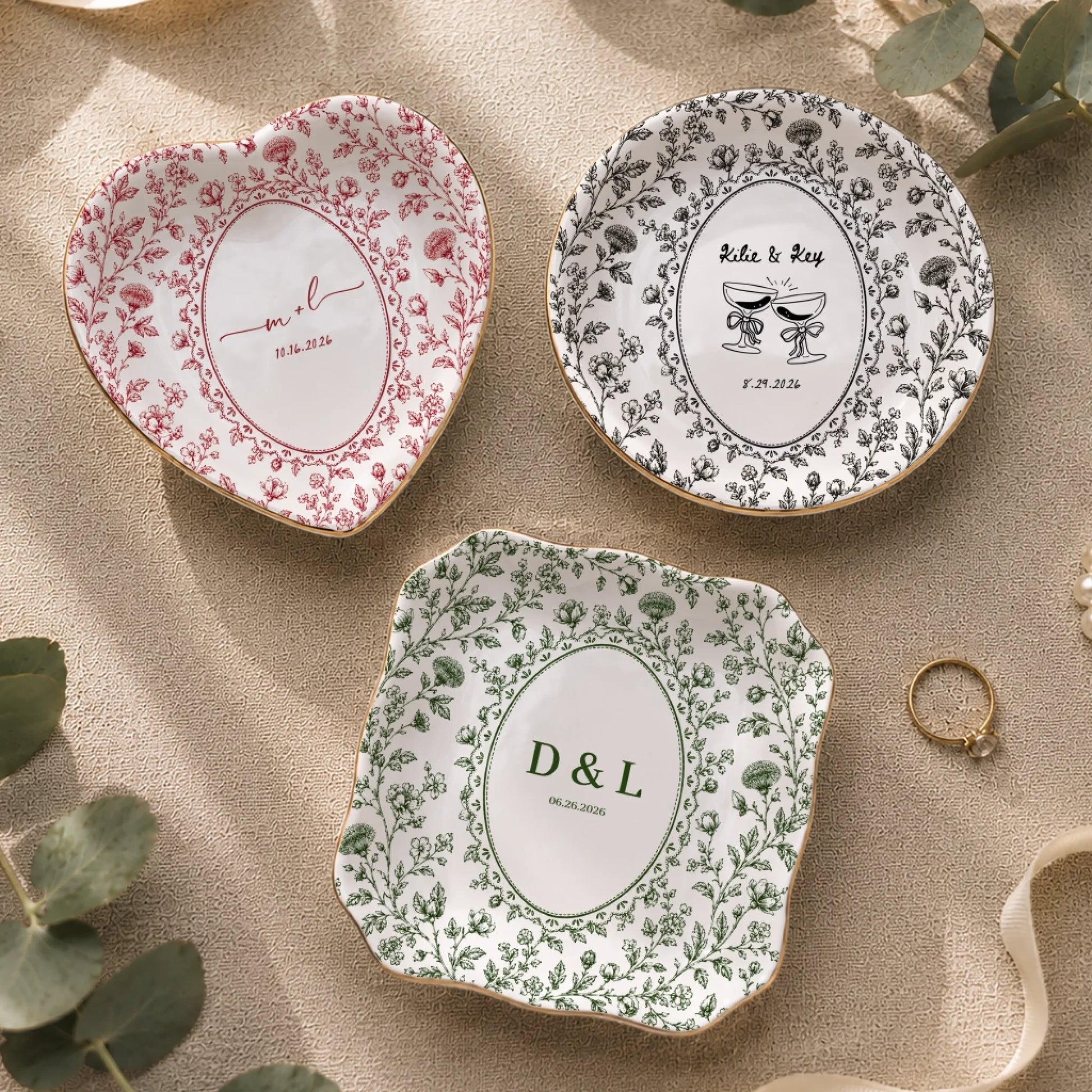 Personalized Botanical Ring Dishes for Couples with Custom Initials