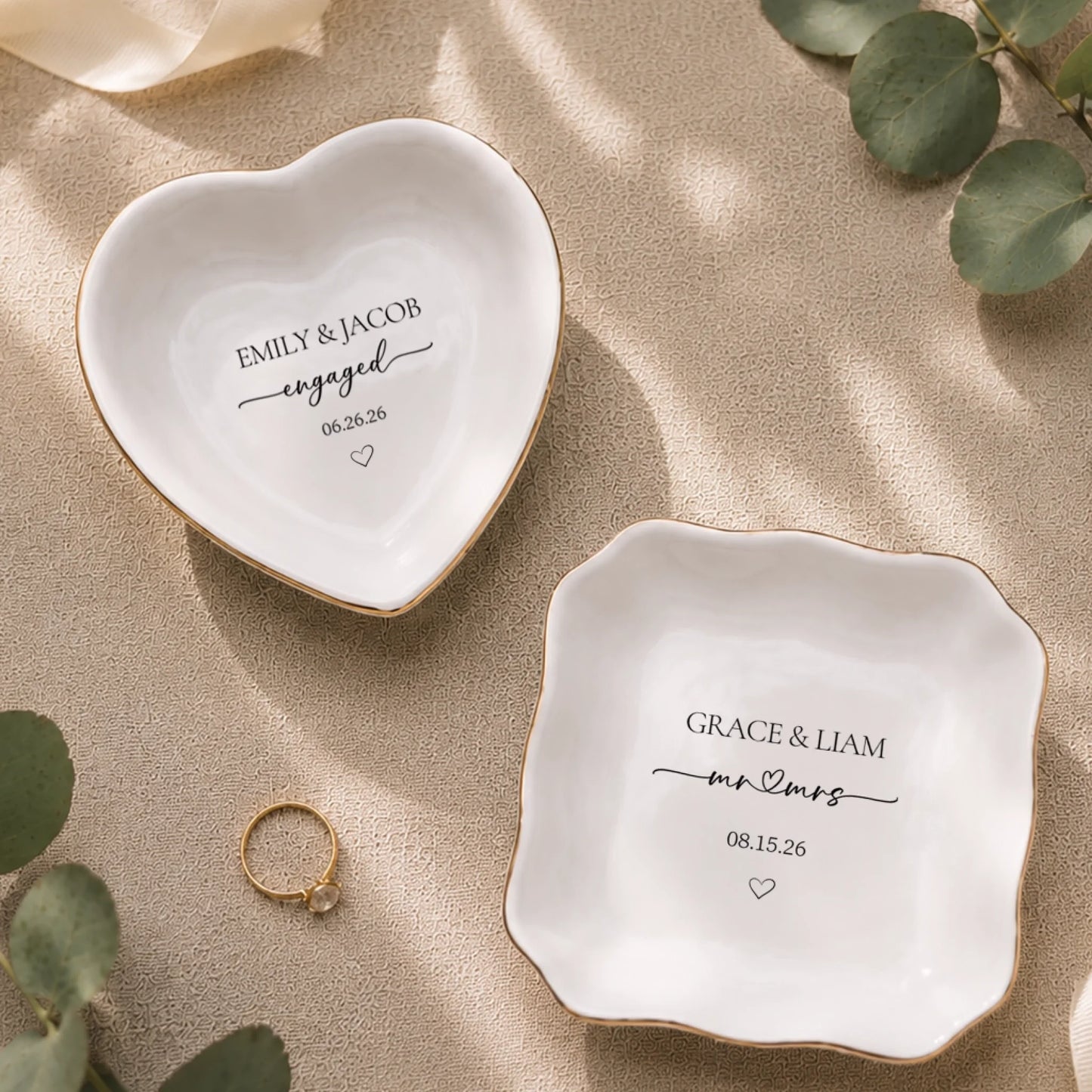 Custom Engagement Ring Dishes with Couple Names and Special Date