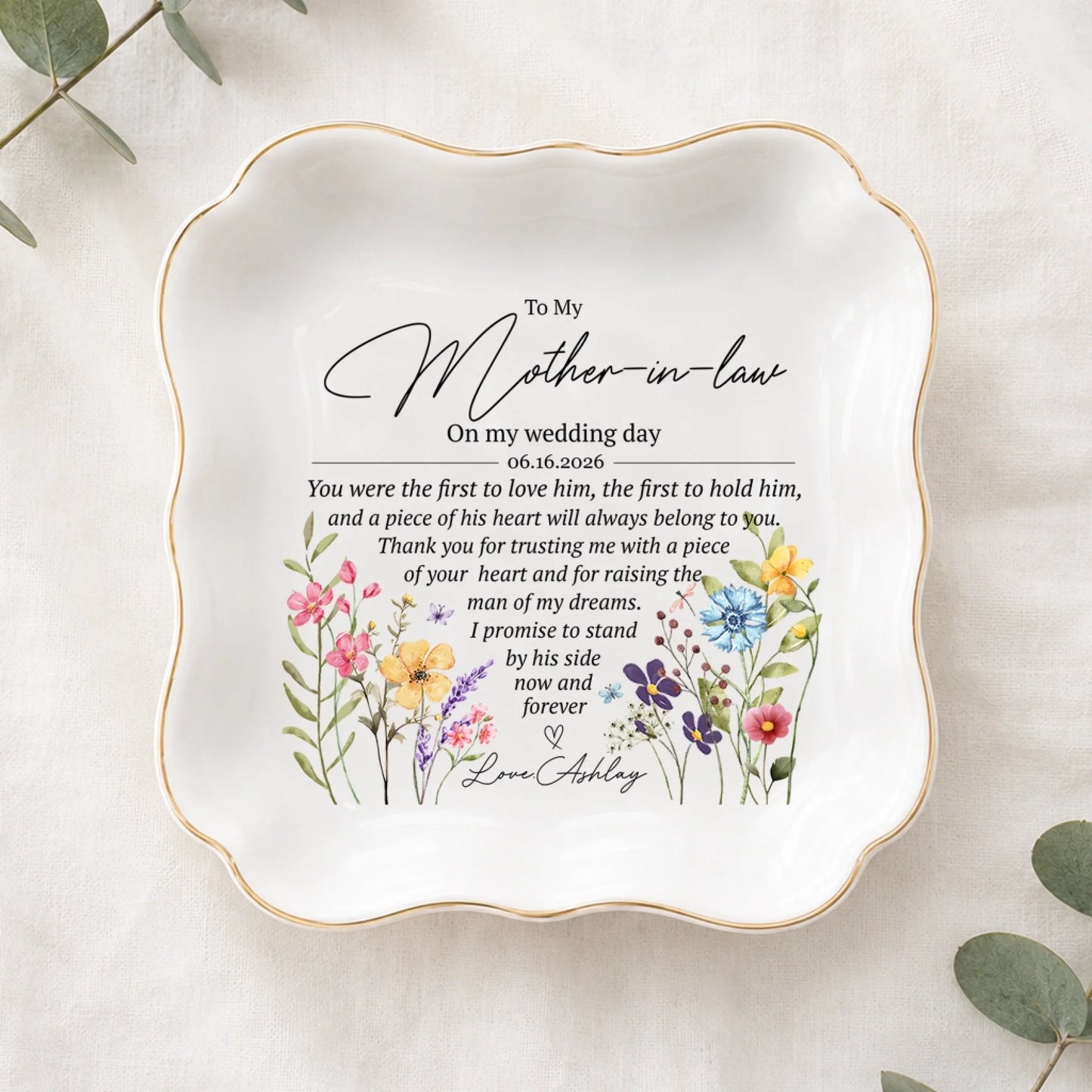 Custom Mother-in-Law Jewelry Tray with Wedding Date and Floral Design