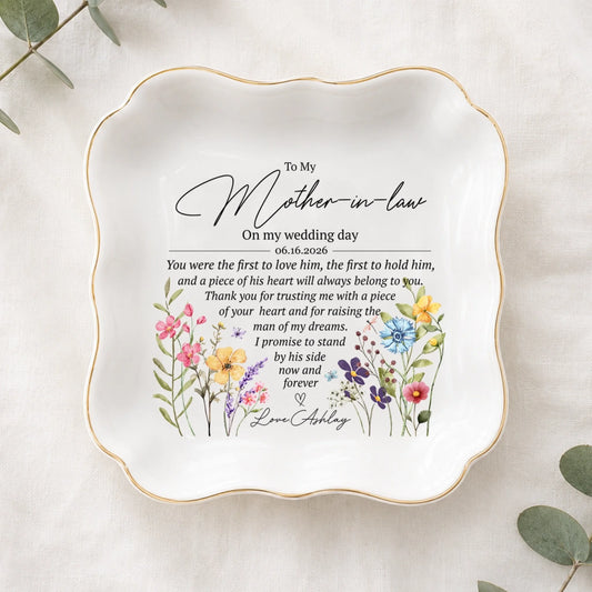 Custom Mother-in-Law Jewelry Tray with Wedding Date and Floral Design