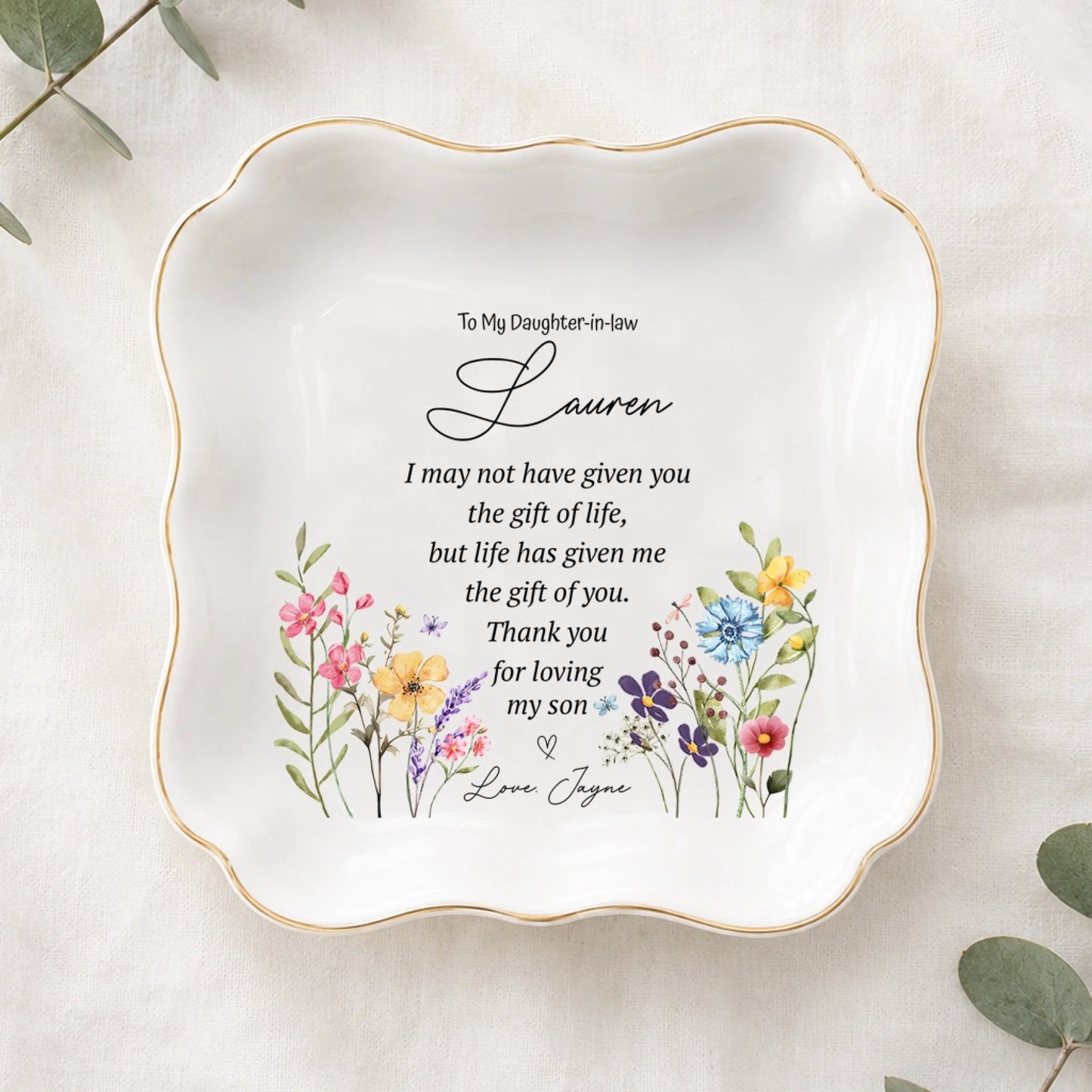 Personalized Daughter-in-Law Scalloped Jewelry Tray with Floral Design