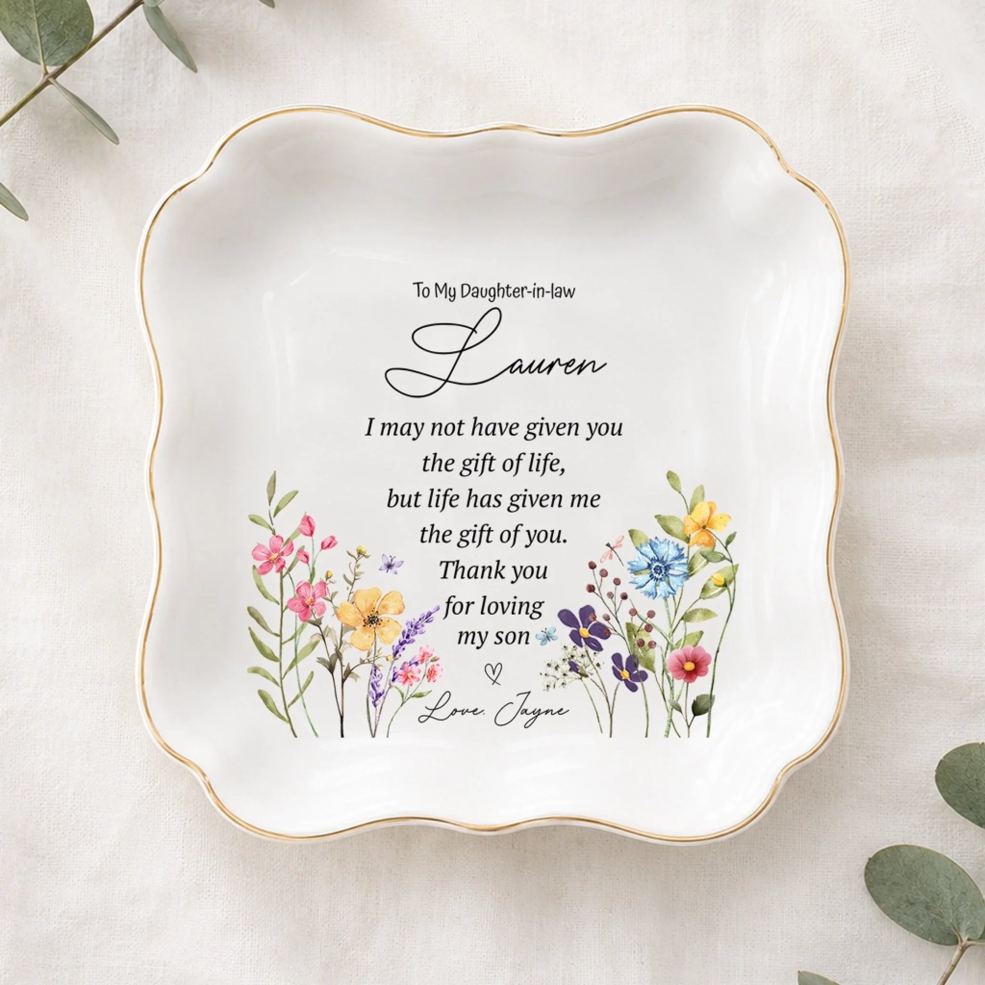 Personalized Daughter-in-Law Scalloped Jewelry Tray with Floral Design