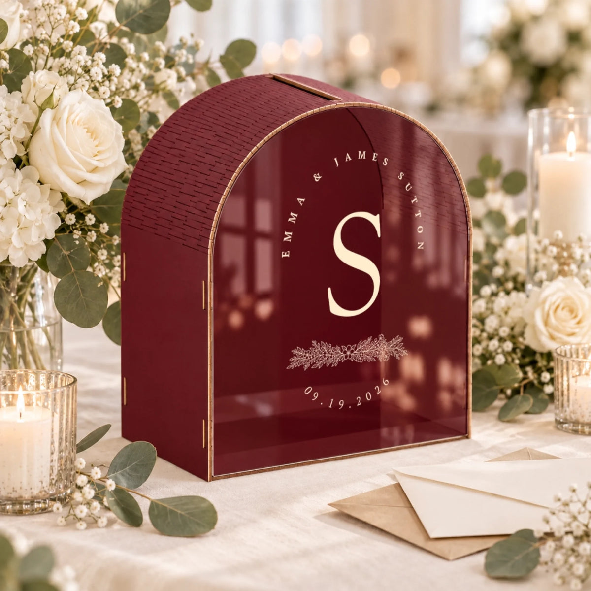 Personalized burgundy monogram wedding card box with custom initial, names, and date
