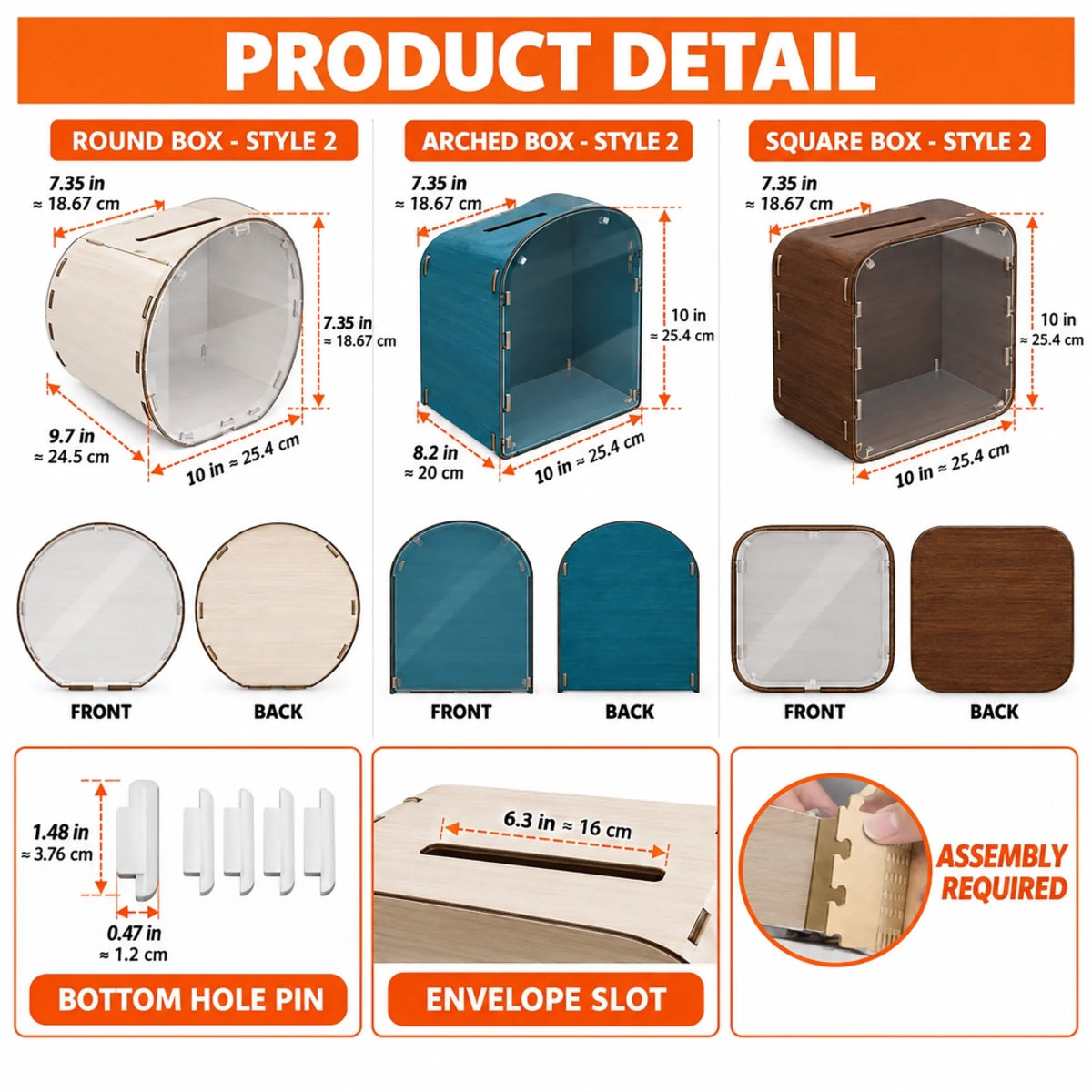 Product detail image showing personalized wedding card box features, color options, and personalization details