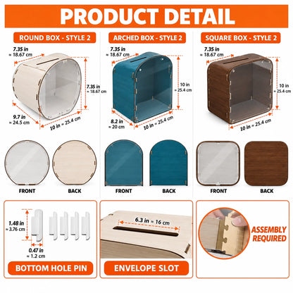 Product detail image showing personalized wedding card box features, color options, and personalization details