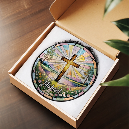 Personalized cross sun catcher for Baptism Confirmation memorial and Christian home decor