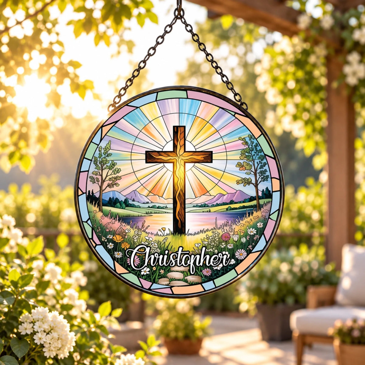 Personalized Christian cross stained glass suncatcher with custom name and floral landscape
