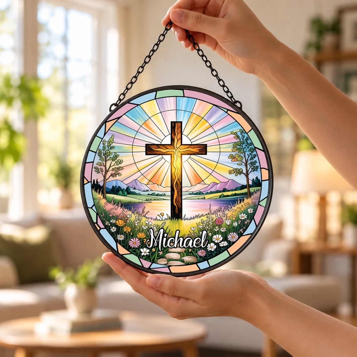 Custom name Christian cross suncatcher window hanging with colorful stained glass design