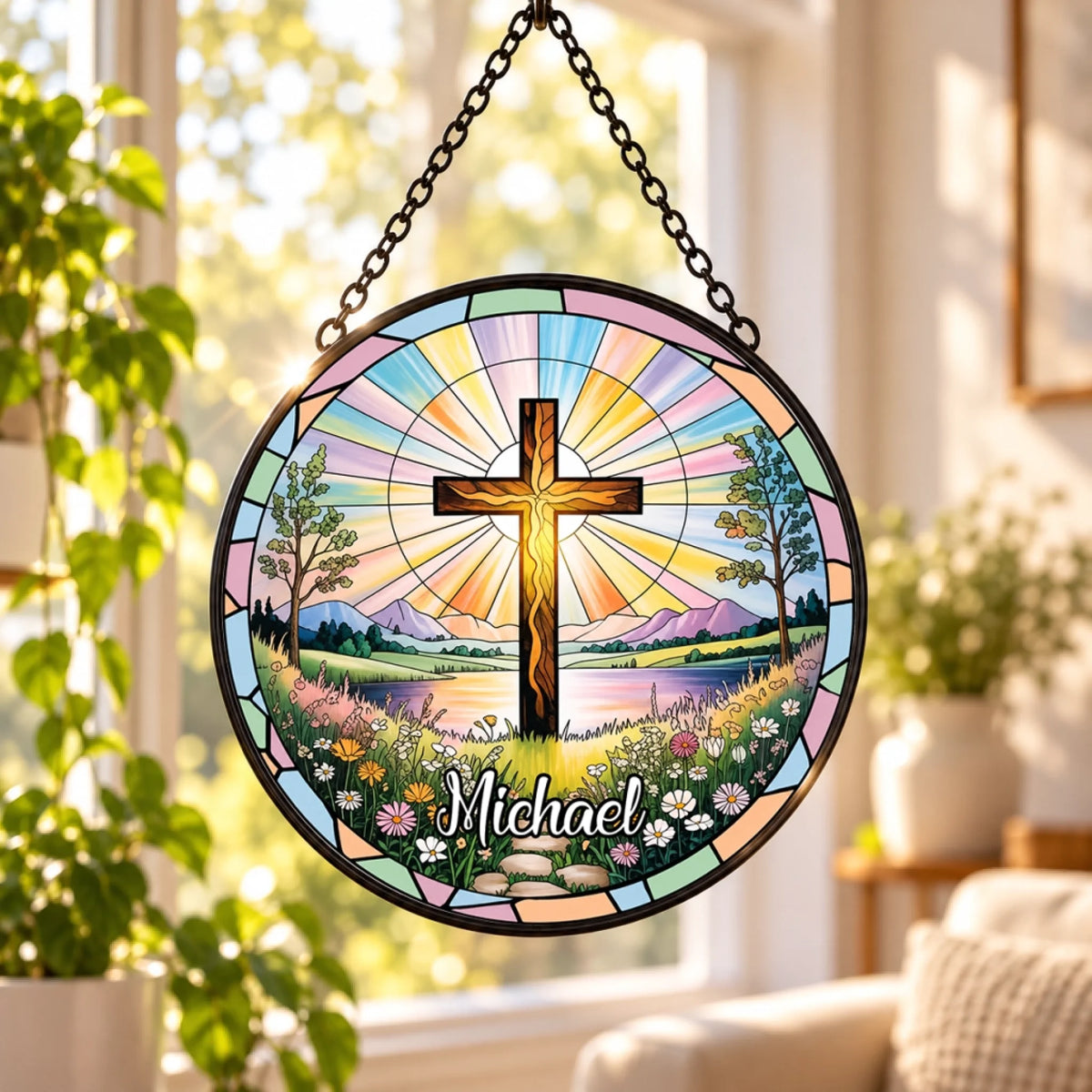 Religious Christian cross stained glass suncatcher personalized with name for faith gift