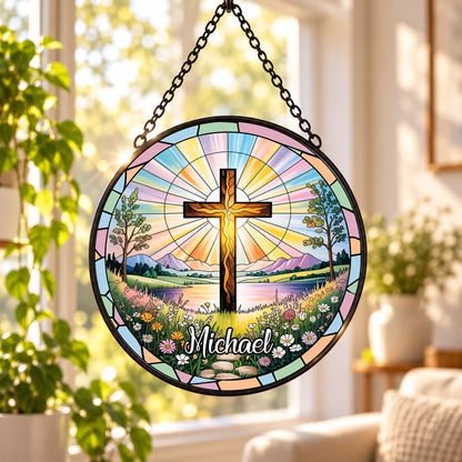 Religious Christian cross stained glass suncatcher personalized with name for faith gift