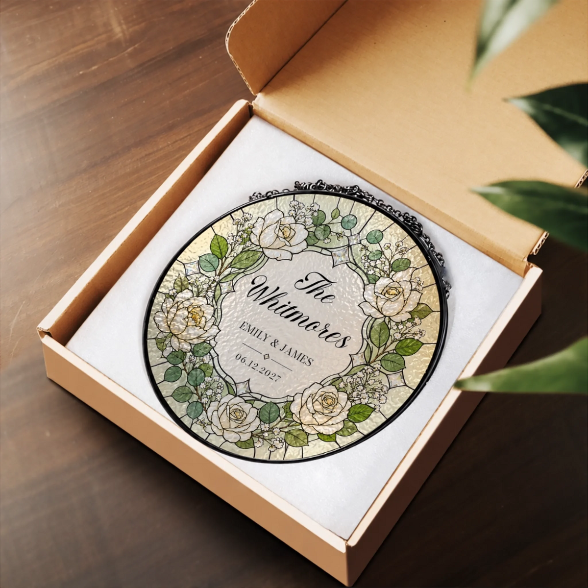Romantic personalized wedding suncatcher gift with names date and floral design