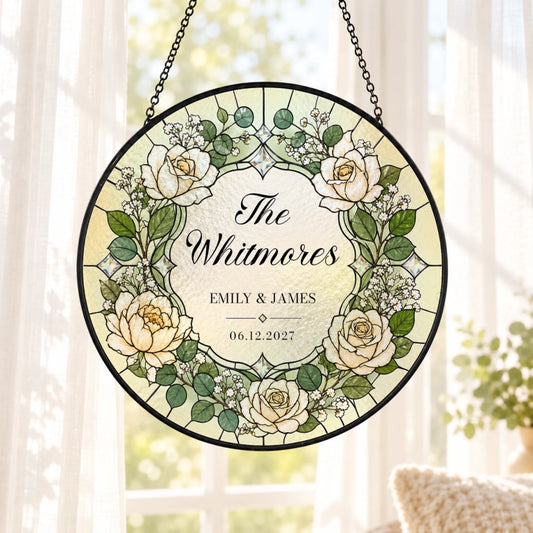 Personalized wedding stained glass suncatcher with family last name couple names and wedding date