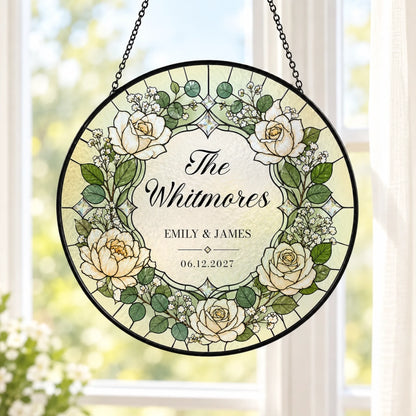 Personalized white rose wedding stained glass window hanging for newlywed couples