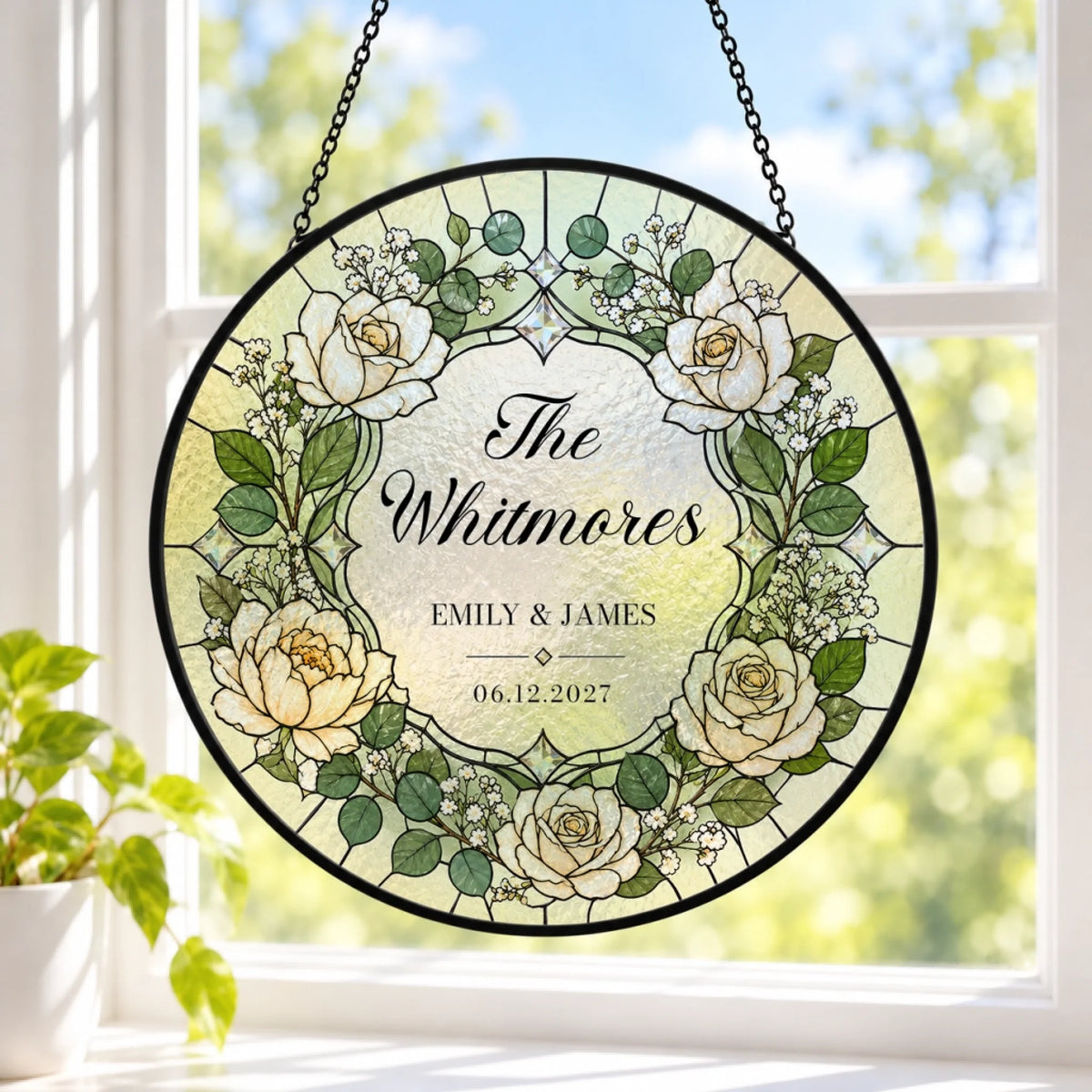 Custom wedding suncatcher with elegant white roses and personalized couple details