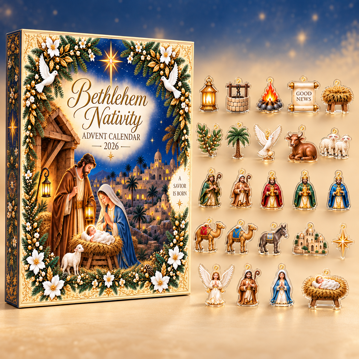Bethlehem Nativity Advent Calendar ornaments on Christmas tree