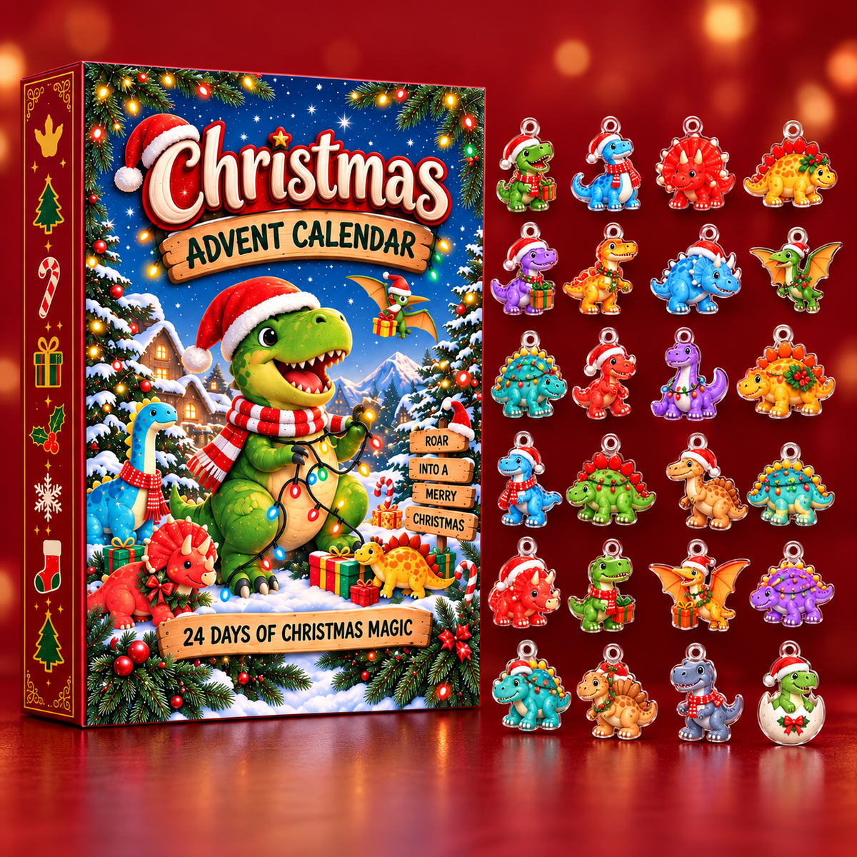 Christmas Dinosaur Advent Calendar ornaments on tree