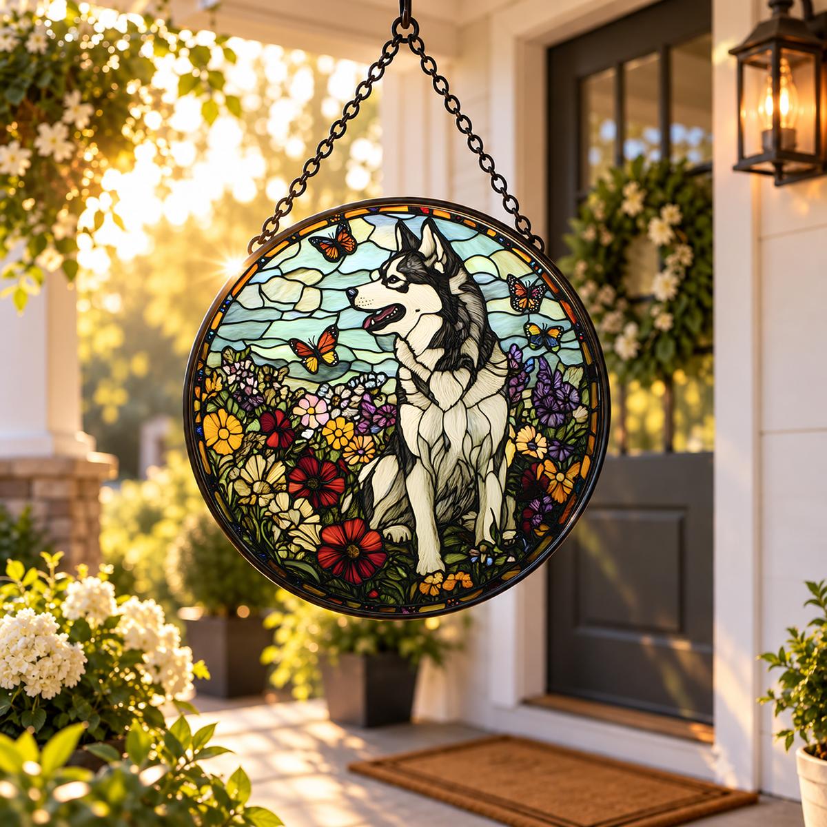 Siberian Husky stained glass suncatcher hanging by a sunny window