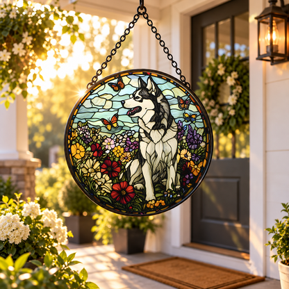 Siberian Husky stained glass suncatcher hanging by a sunny window
