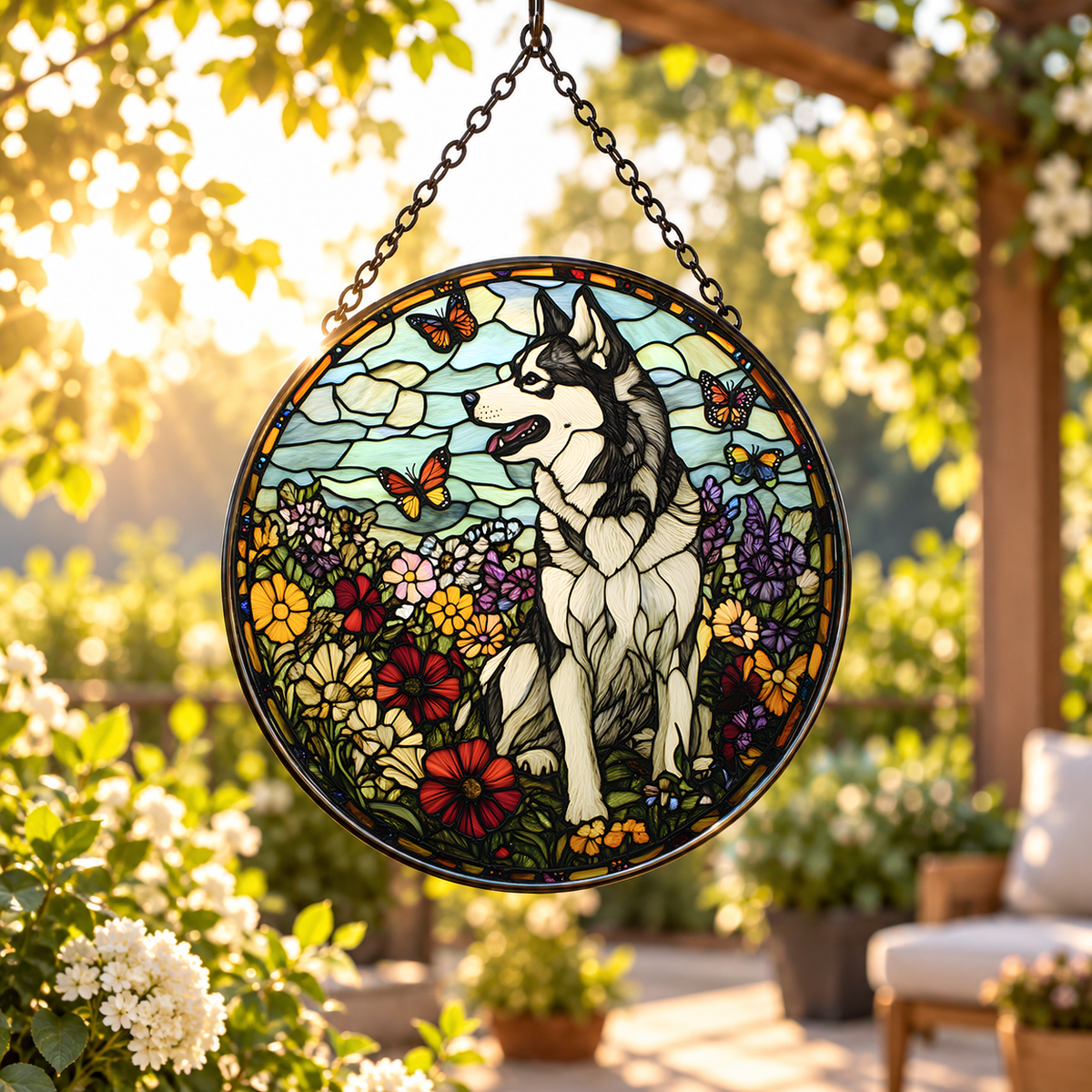 Husky butterfly floral stained glass suncatcher window decor