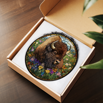 American Bison with Wildflowers stained glass suncatcher – flat printed artwork design