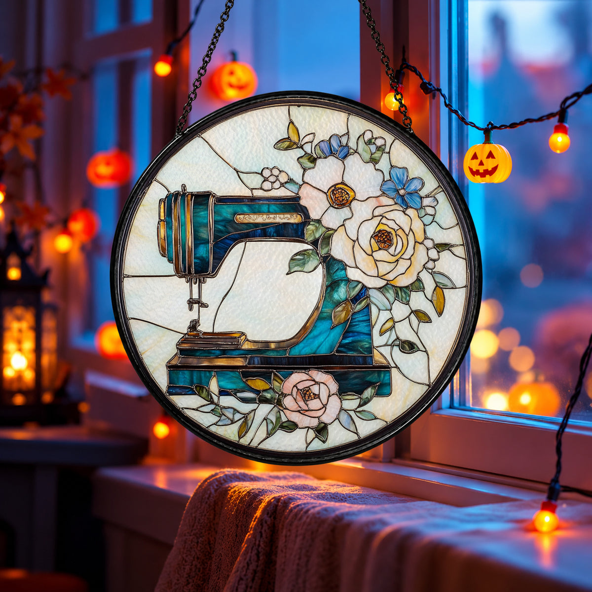 Antique Sewing Machine with Floral Branch stained glass suncatcher window hanging – front design view