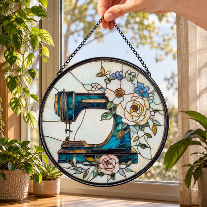 Antique Sewing Machine with Floral Branch round stained glass window hanging – second gallery view