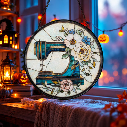 Antique Sewing Machine with Floral Branch stained glass window suncatcher – third gallery view