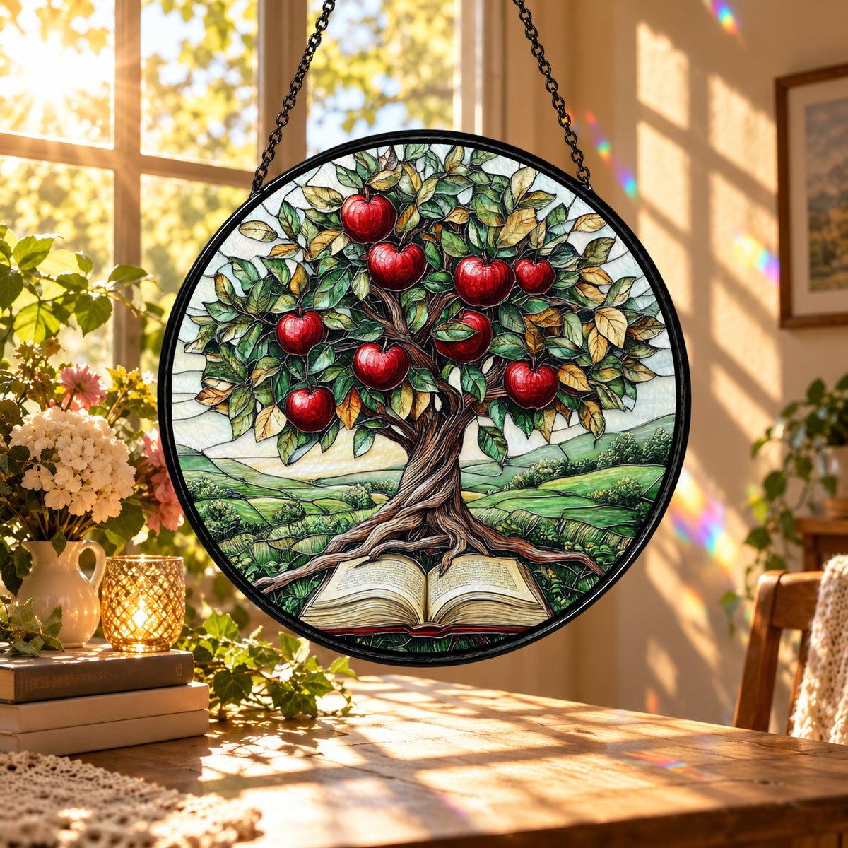 Apple Tree Growing from Open Book stained glass suncatcher window hanging – front design view
