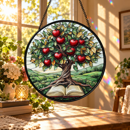 Apple Tree Growing from Open Book stained glass suncatcher window hanging – front design view