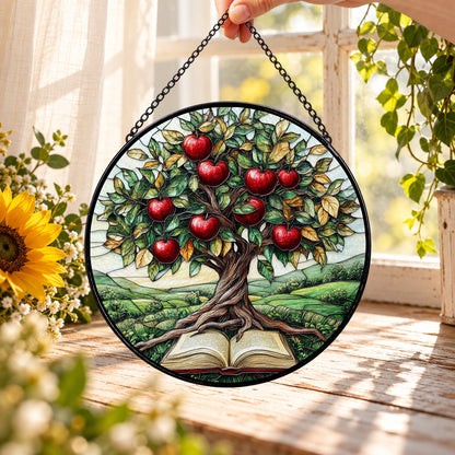 Apple Tree Growing from Open Book round stained glass window hanging – second gallery view
