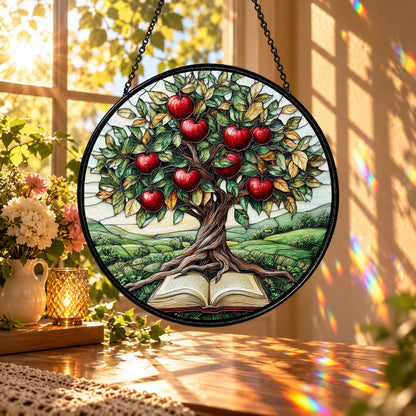 Apple Tree Growing from Open Book stained glass window suncatcher – third gallery view
