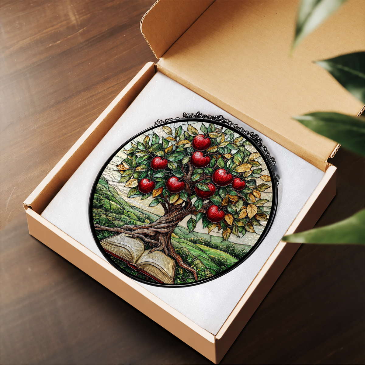 Apple Tree Growing from Open Book stained glass suncatcher – flat printed artwork design