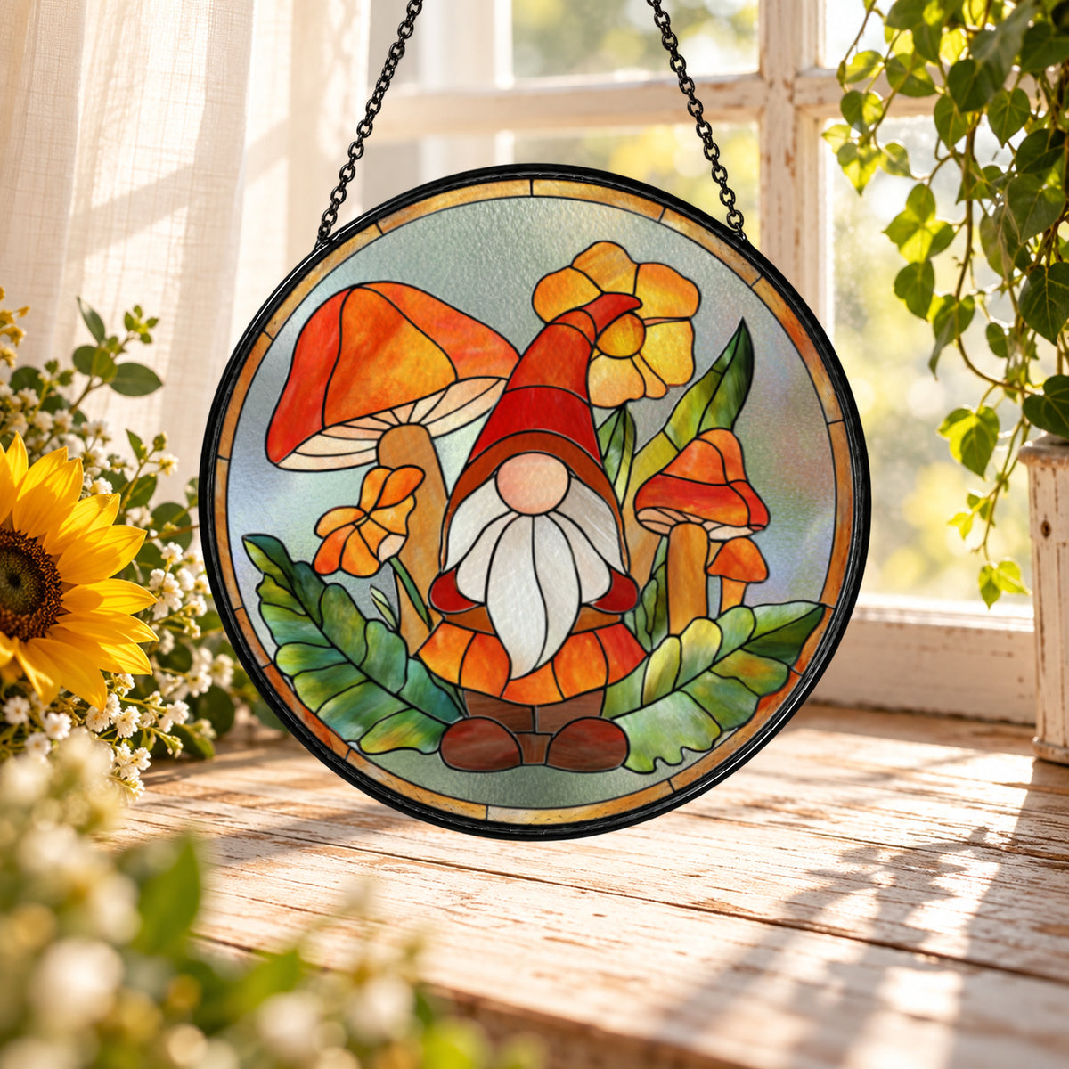 Autumn Gnome with Red Mushrooms stained glass suncatcher window hanging – front design view