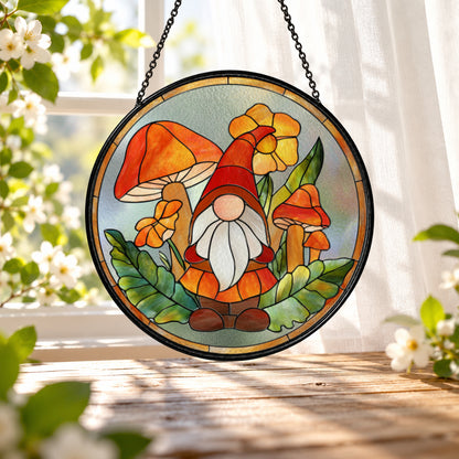 Autumn Gnome with Red Mushrooms stained glass window suncatcher – third gallery view