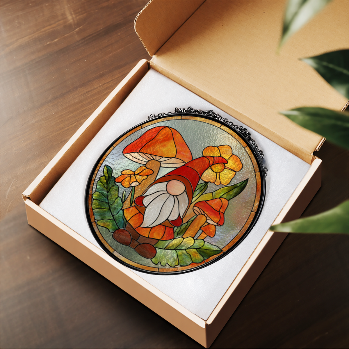 Autumn Gnome with Red Mushrooms stained glass suncatcher – flat printed artwork design