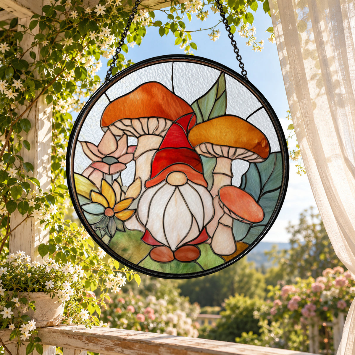 Autumn Mushroom Gnome stained glass suncatcher window hanging – front design view