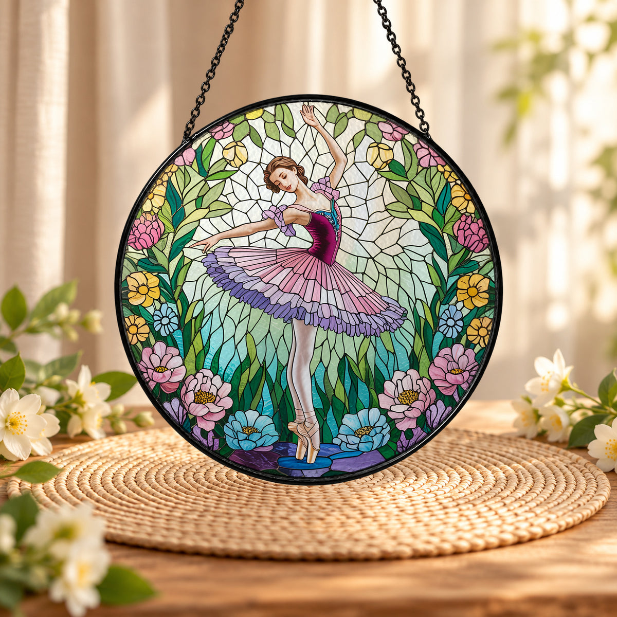 Ballerina in Colorful Flower Garden stained glass suncatcher window hanging – front design view