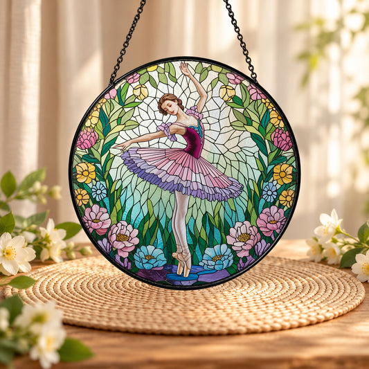 Ballerina in Colorful Flower Garden stained glass suncatcher window hanging – front design view