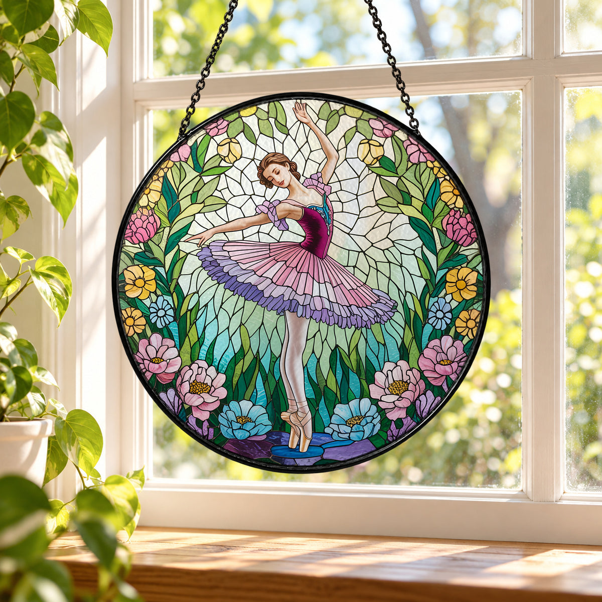 Ballerina in Colorful Flower Garden stained glass window suncatcher – third gallery view