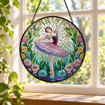 Ballerina in Colorful Flower Garden stained glass window suncatcher – third gallery view