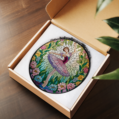 Ballerina in Colorful Flower Garden stained glass suncatcher – flat printed artwork design