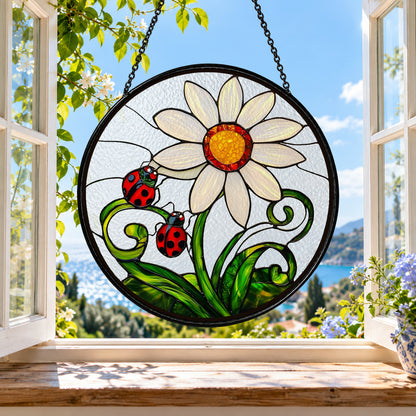 Big White Daisy and Red Ladybugs stained glass suncatcher window hanging – front design view