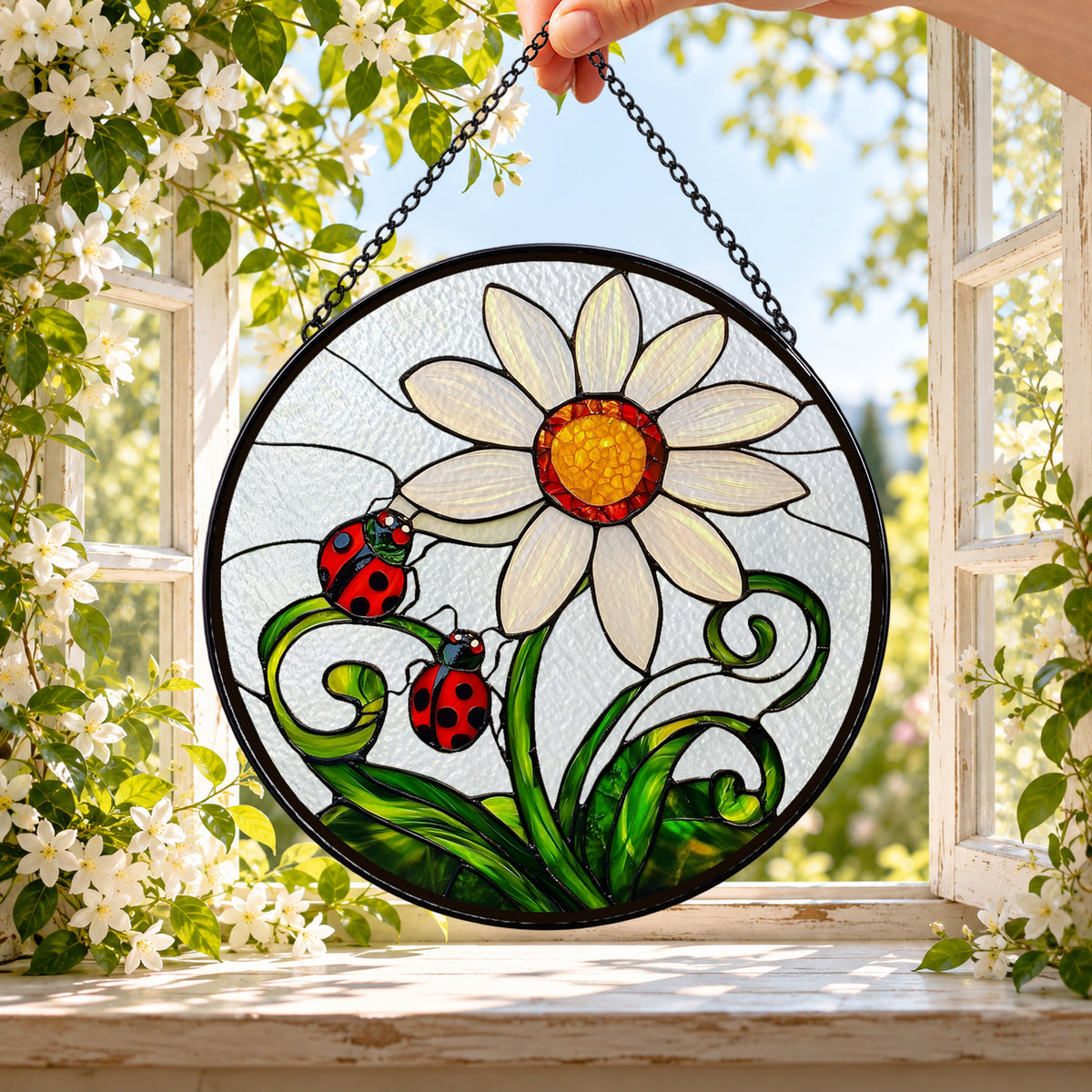 Big White Daisy and Red Ladybugs round stained glass window hanging – second gallery view