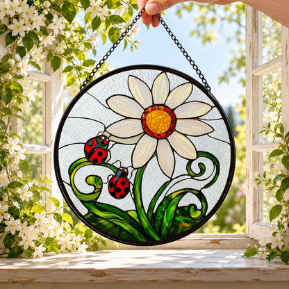 Big White Daisy and Red Ladybugs round stained glass window hanging – second gallery view