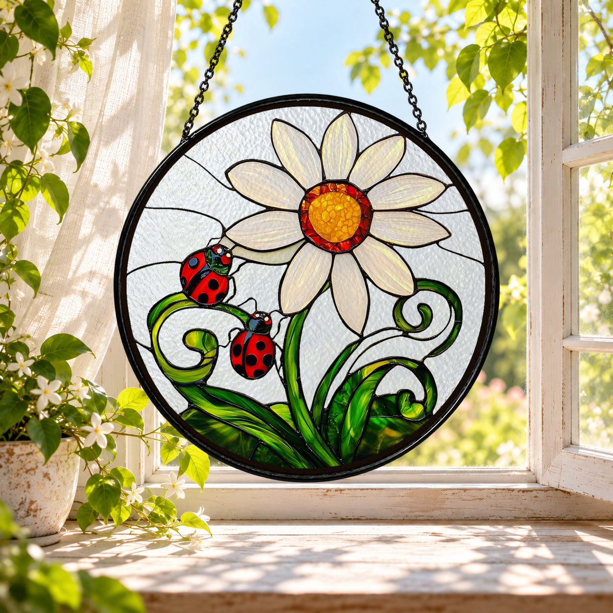 Big White Daisy and Red Ladybugs stained glass window suncatcher – third gallery view