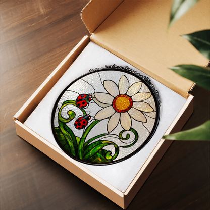 Big White Daisy and Red Ladybugs stained glass suncatcher – flat printed artwork design