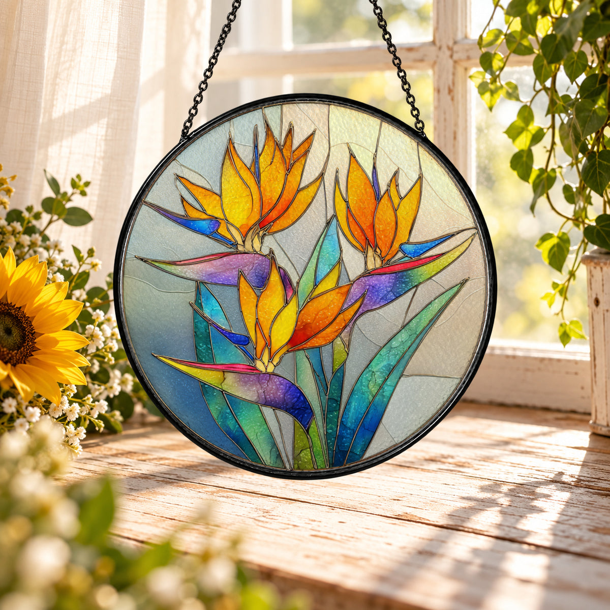 Bird of Paradise Tropical Flowers stained glass suncatcher window hanging – front design view