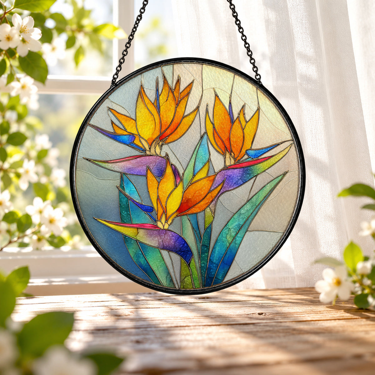 Bird of Paradise Tropical Flowers stained glass window suncatcher – third gallery view